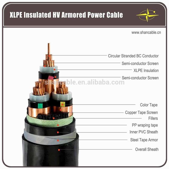 3.6/6(7.2)kV mid voltage copper conductor 3x120mm2 three cores XLPE insulation CU/XLPE/STA/PVC armored HT electric power cable
